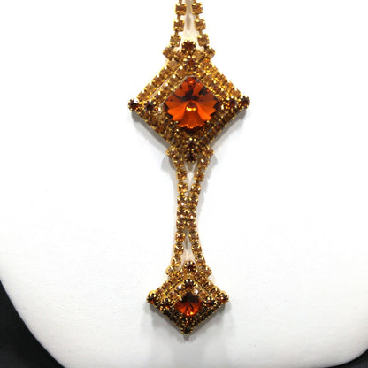 Topaz Glass Rhinestones Long Necklace Earrings, Rivoli Rhinestones, Gold Plated, 1960s Vintage Jewelry