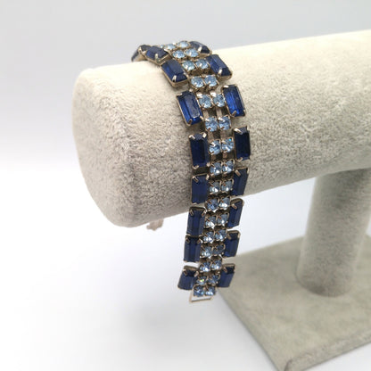Blue Rhinestone Wide Bracelet, Darker Lighter Blue, Mid-Century, 1950s Vintage Jewelry