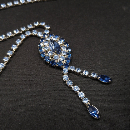 Mid Century Blue Rhinestone Rhodium Plated Necklace, Light & Dark Blue Rhinestones, 1960s Vintage Jewelry