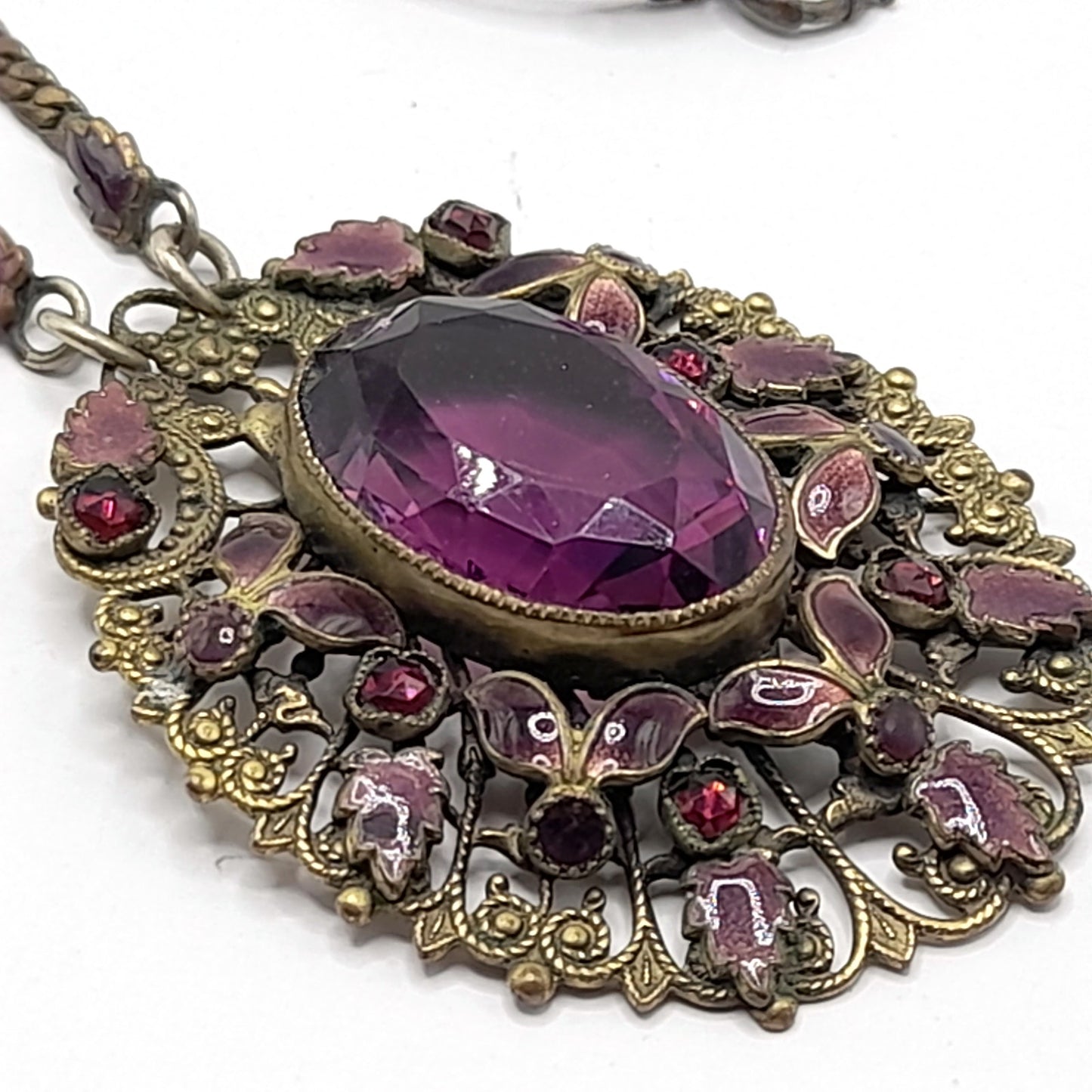 Antique Victorian Purple Glass Enamel Filigree Pendant Necklace, 27 Inches