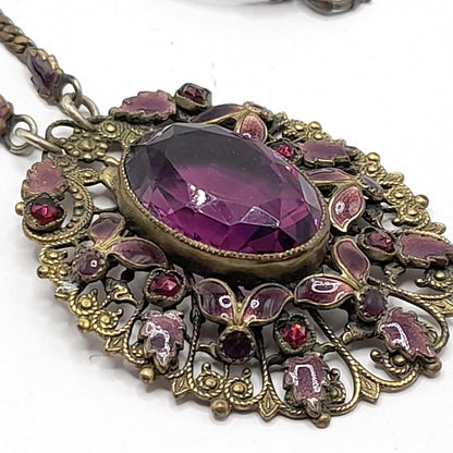 Antique Victorian Purple Glass Enamel Filigree Pendant Necklace, 27 Inches