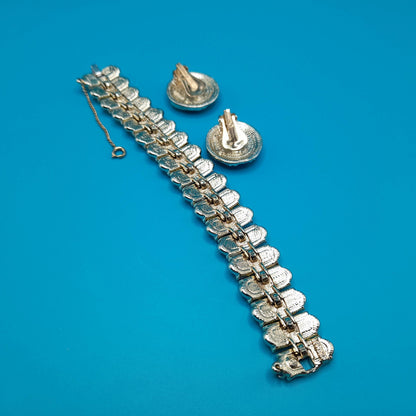 Vintage Kramer Bracelet Clip Earrings Set, Clear Rhinestones, Rhodium Plated, 1960s Jewelry