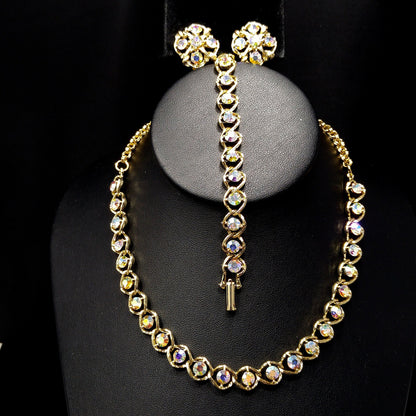 Aurora Borealis Rhinestone Necklace Bracelet & Earrings, Gold Plated, 1960s Vintage Jewelry
