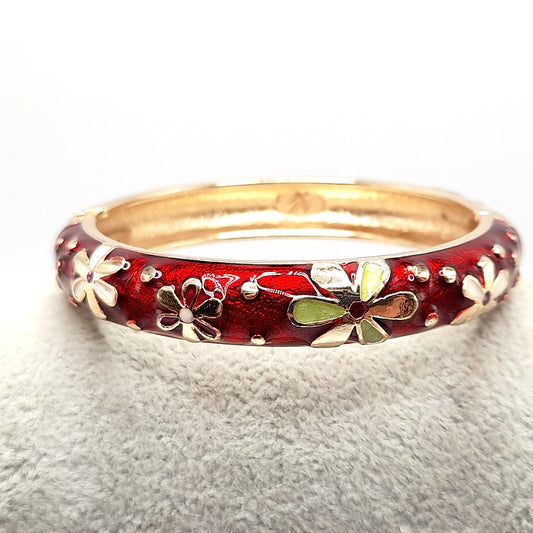 Vintage Jiu Long Xing Cloisonné Bangle Bracelet – Red Enamel Floral Hinged Bracelet – Gold Tone Signed Jewelry 6.25"