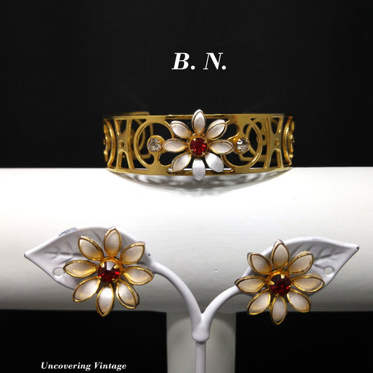 Bugbee & Niles Floral Cuff Bracelet Screw-back Earrings Set, Red Rhinestones, 1940s