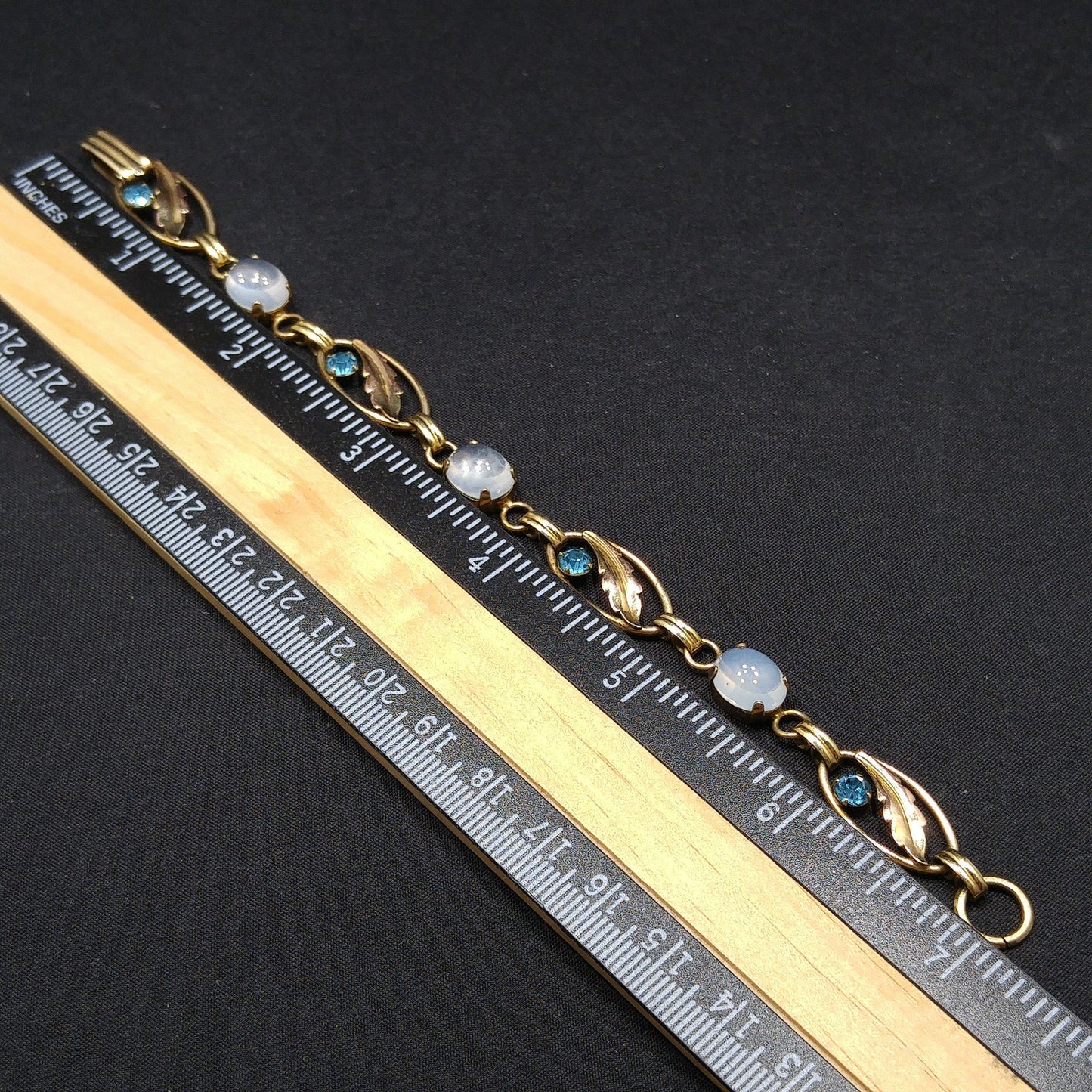 Van Dell 12K Gold Over Sterling Leaves Bracelet, Faux Moonstones, Blue Rhinestones, 1940s Vintage Jewelry