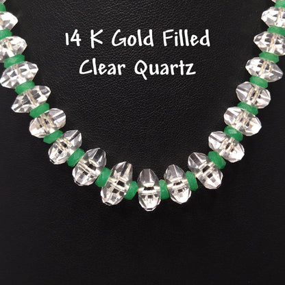 Art Deco Clear Quartz Beaded Necklace, Green Glass Spacer Beads, 1920s, 14KGF