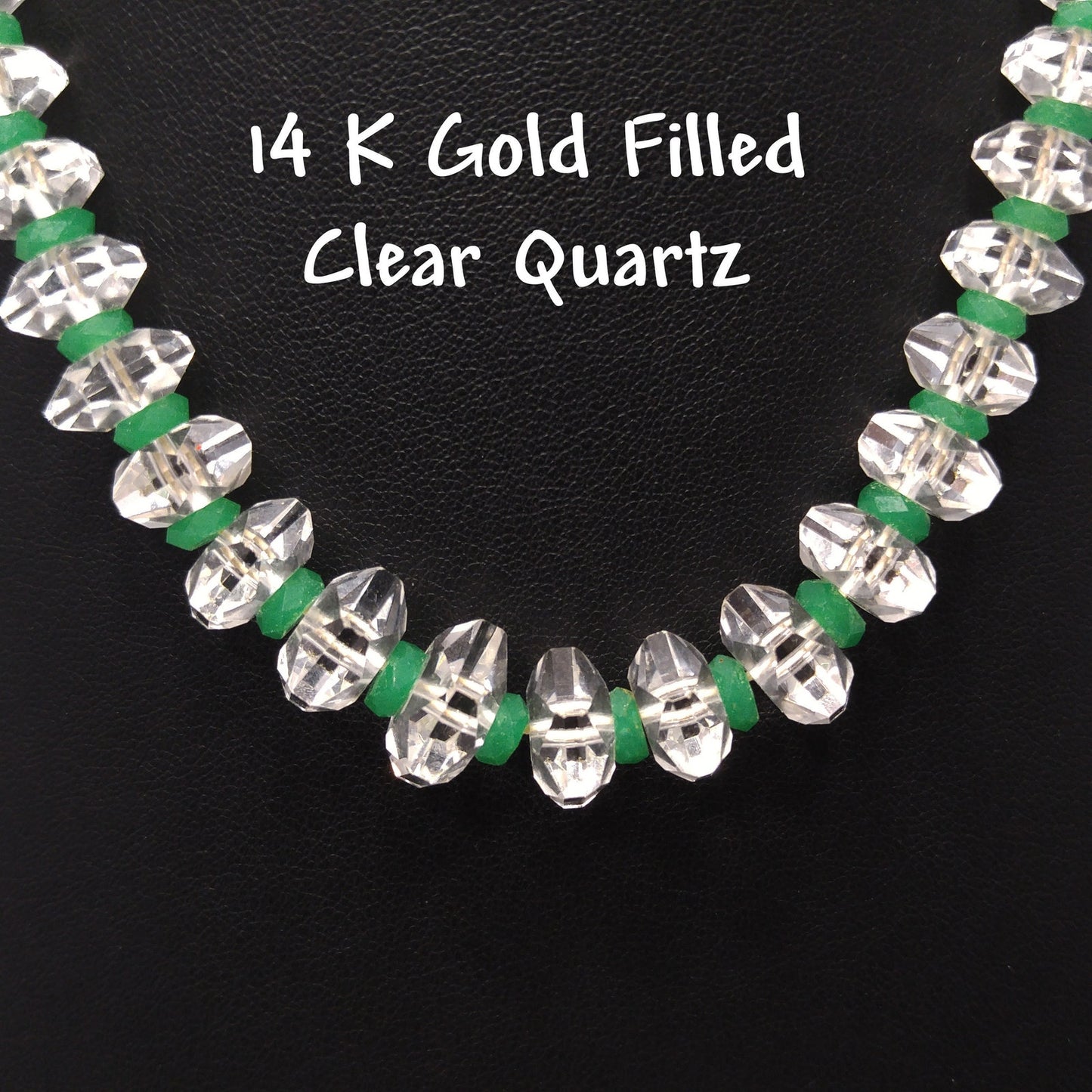 Art Deco 1920s Clear Quartz Green Glass Bead Necklace 14K Gold Filled Clasp