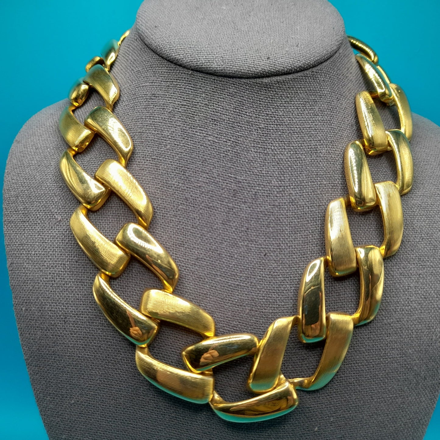 Vintage Chain Choker Necklace, Interlocking Gold Tone, 1980s