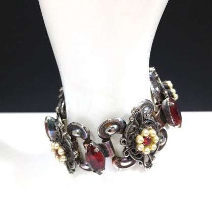 Victorian Red Rhinestone Book Chain Bracelet, Faux Pearl Flowers, 1940s Vintage Jewelry