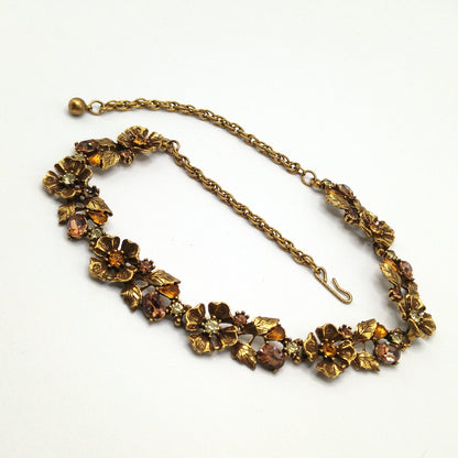Topaz Rhinestone Floral Choker Necklace, Flower Links, 1960s Vintage Jewelry