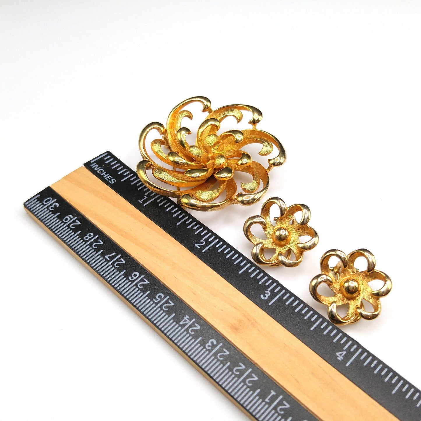 Kramer Floral Brooch & Clip Earrings, Gold Plated, 1960s Vintage Jewelry
