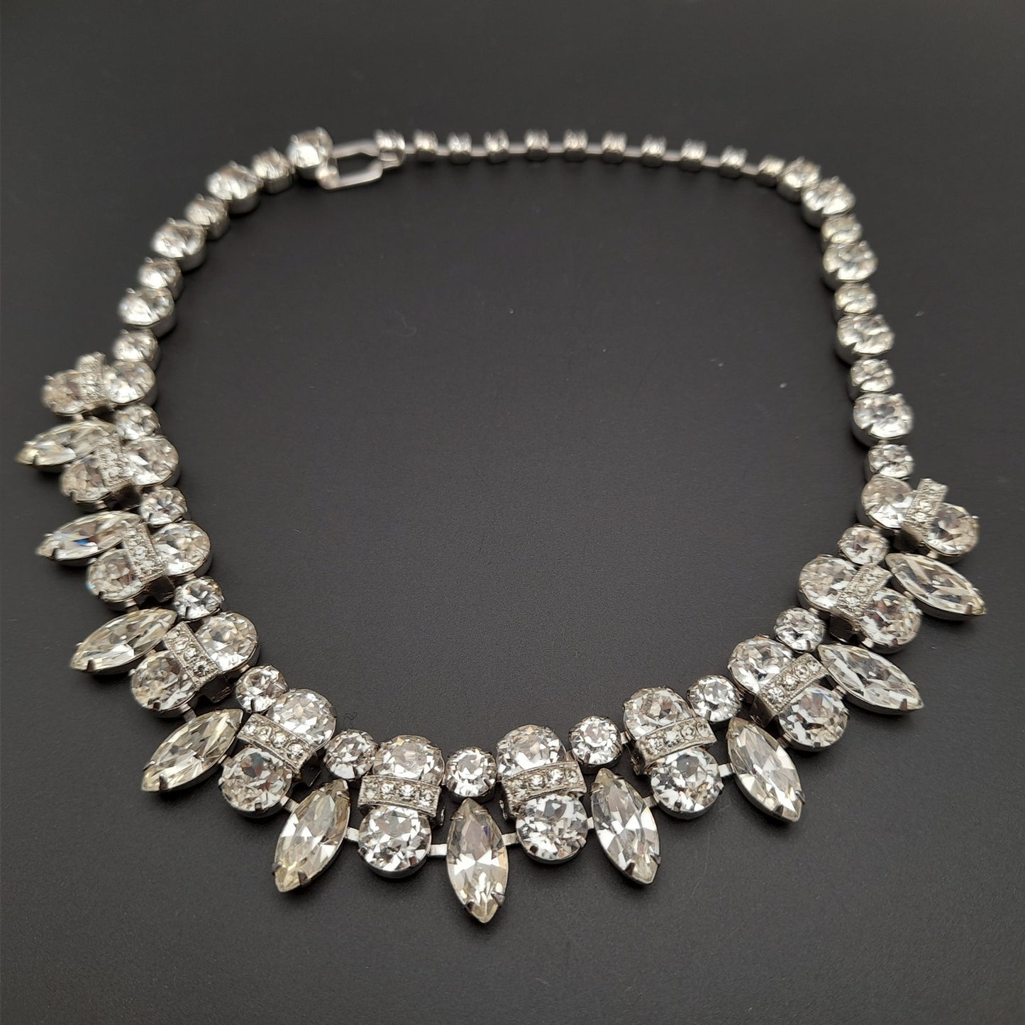 Eisenberg Clear Rhinestone Necklace Rhodium Plated 1950s Bridal Vintage