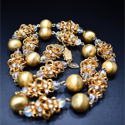 Vintage Vendome Gold Clear Rhinestone & Crystal Necklace, Wire Wrapped, 1950s