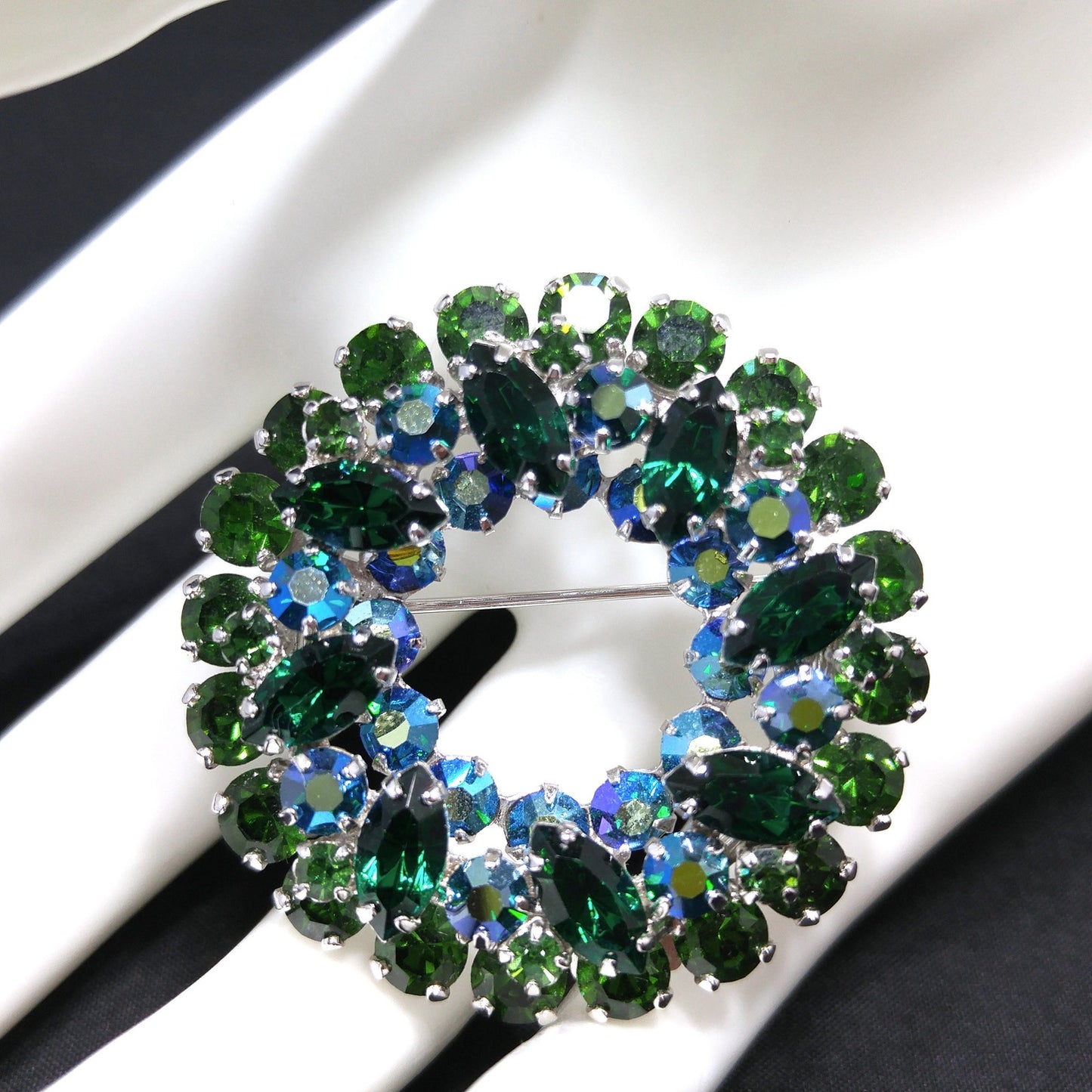 Vintage Sherman Green Aurora Borealis Wreath Brooch, Rhodium Plated, 1960s
