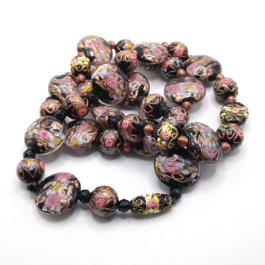 Vintage Italian Wedding Cake Glass Necklace, Black Gold Copper Venetian Lampwork Beads, 1940s Vintage Jewelry