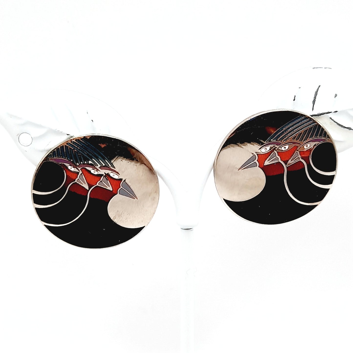 Laurel Burch "Celestial Birds" Post Earrings, Vintage 1980s Rhodium Enamel Jewelry, Designer Statement Earrings, Artistic Retro Style