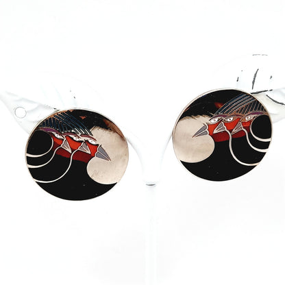 Laurel Burch "Celestial Birds" Post Earrings, Vintage 1980s Rhodium Enamel Jewelry, Designer Statement Earrings, Artistic Retro Style