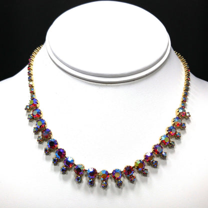 Red Rhinestone Aurora Borealis Choker Necklace, Gold Plated, 1960s Vintage Jewelry