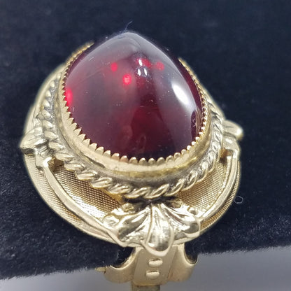 Vintage Whiting & Davis Co Red Gold Clip Earrings 1960s Gold Tone, Red Cabochon