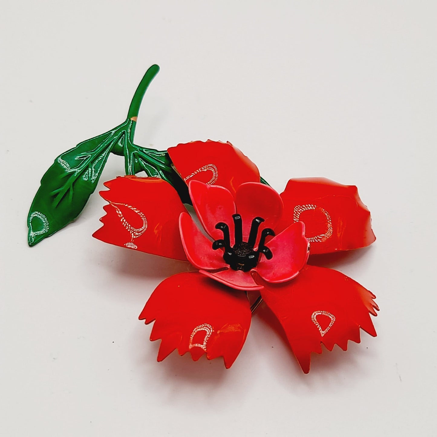 Vintage 1960s Red Green Enamel Flower Brooch