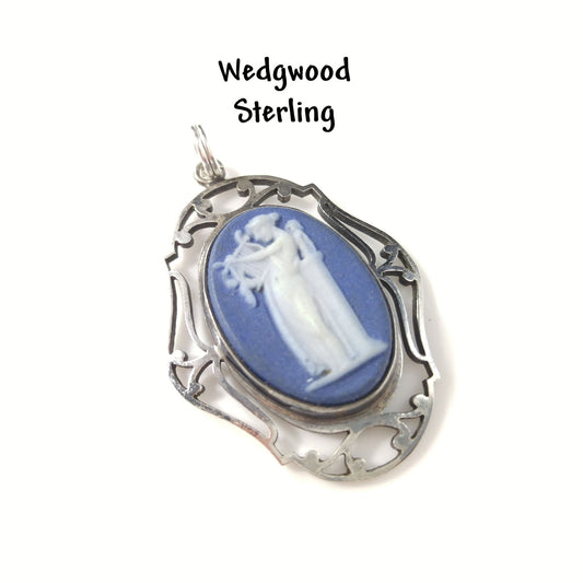Antique Wedgwood Sterling Blue Jasperware Pendant Victorian Goddess England