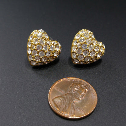 Vintage Swarovski Swan Logo Heart Earrings Clear Pave Rhinestones Gold 1980s