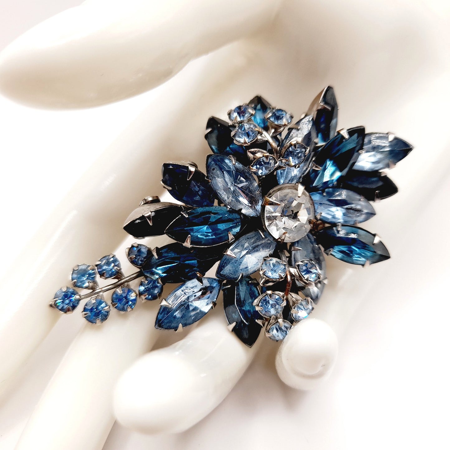 Vintage Blue Rhinestone Floral Spray Brooch, Sapphire Clear Stones, 1950s Jewelry
