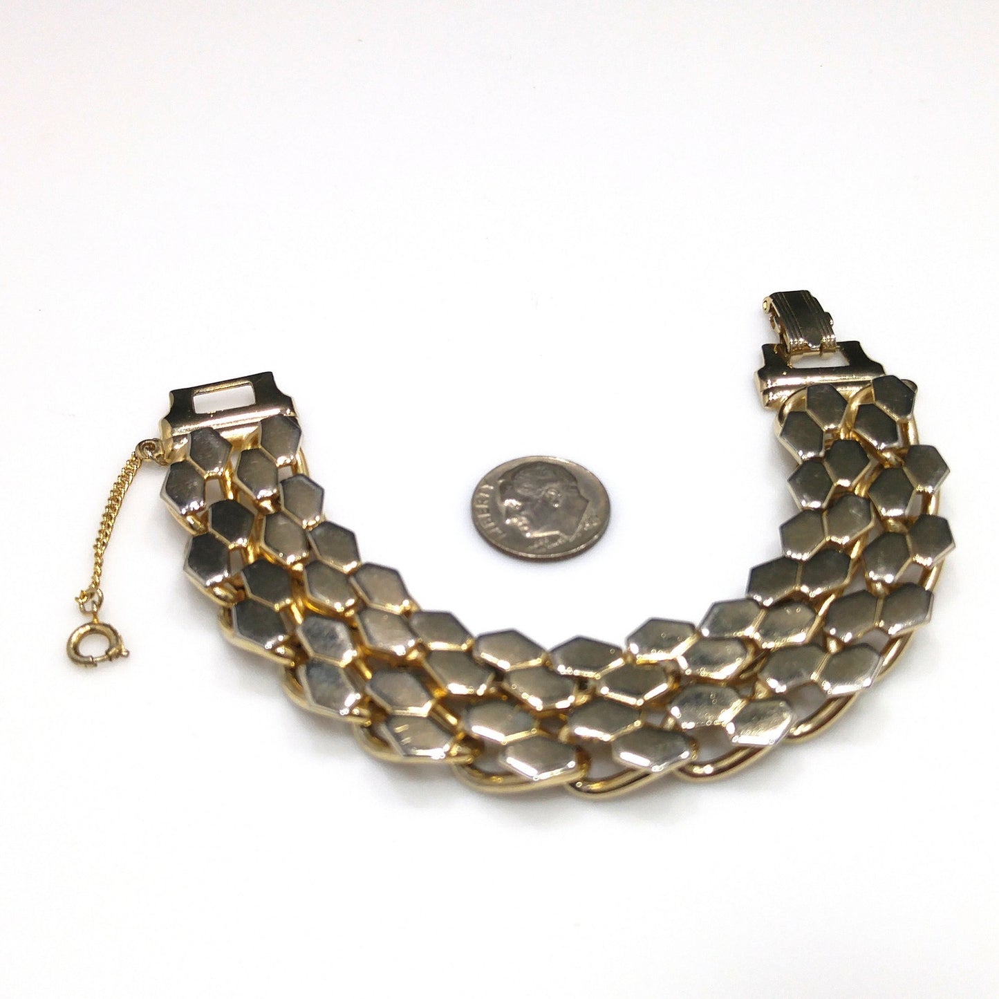 Snake Pattern Gold Plated Bracelet, Safety Chain, 1960s Vintage Jewelry