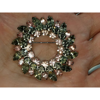 Sherman 1950s Pink & Smoky Gray Rhinestone Wreath Brooch | Rhodium Plated Mid-Century Signed Pin
