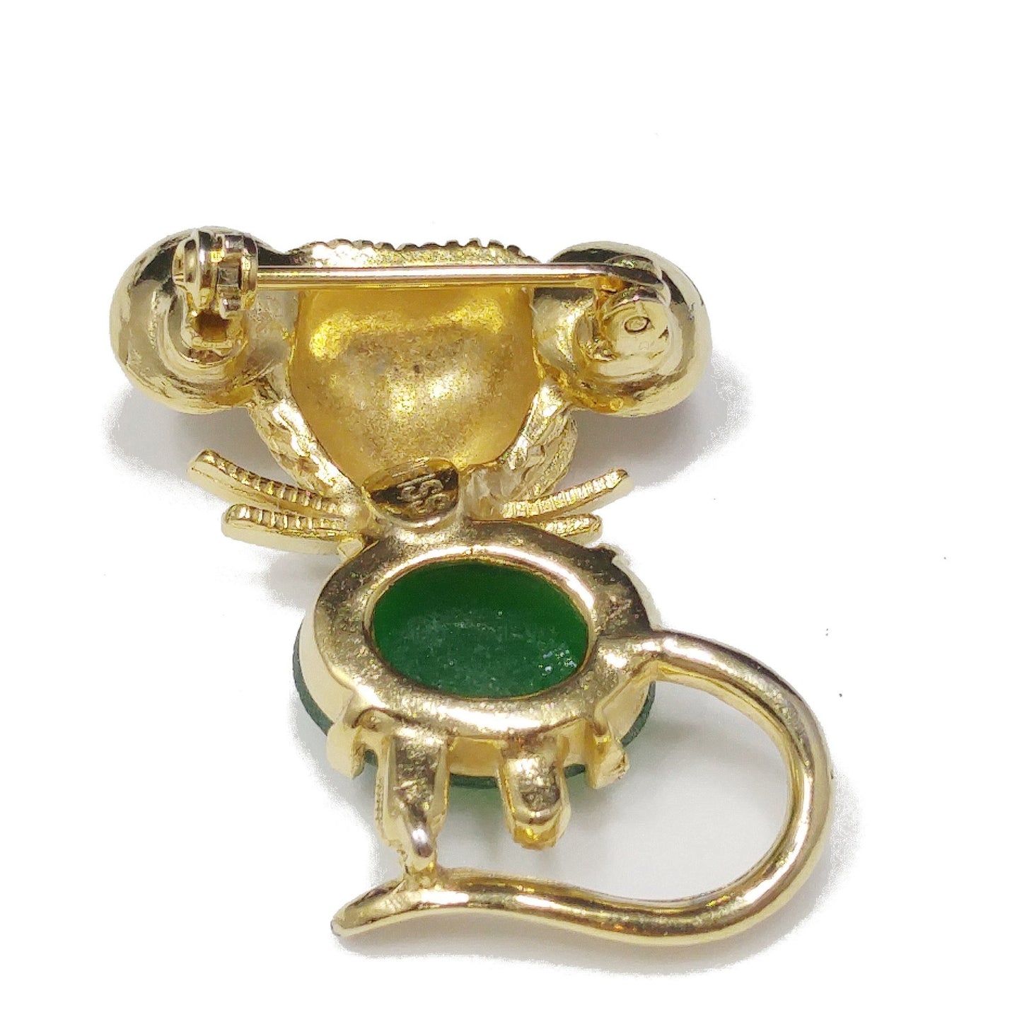 Weiss Figural Mouse Brooch with Red Rhinestone Eye and Green Lucite Belly – 1950s Gold Tone