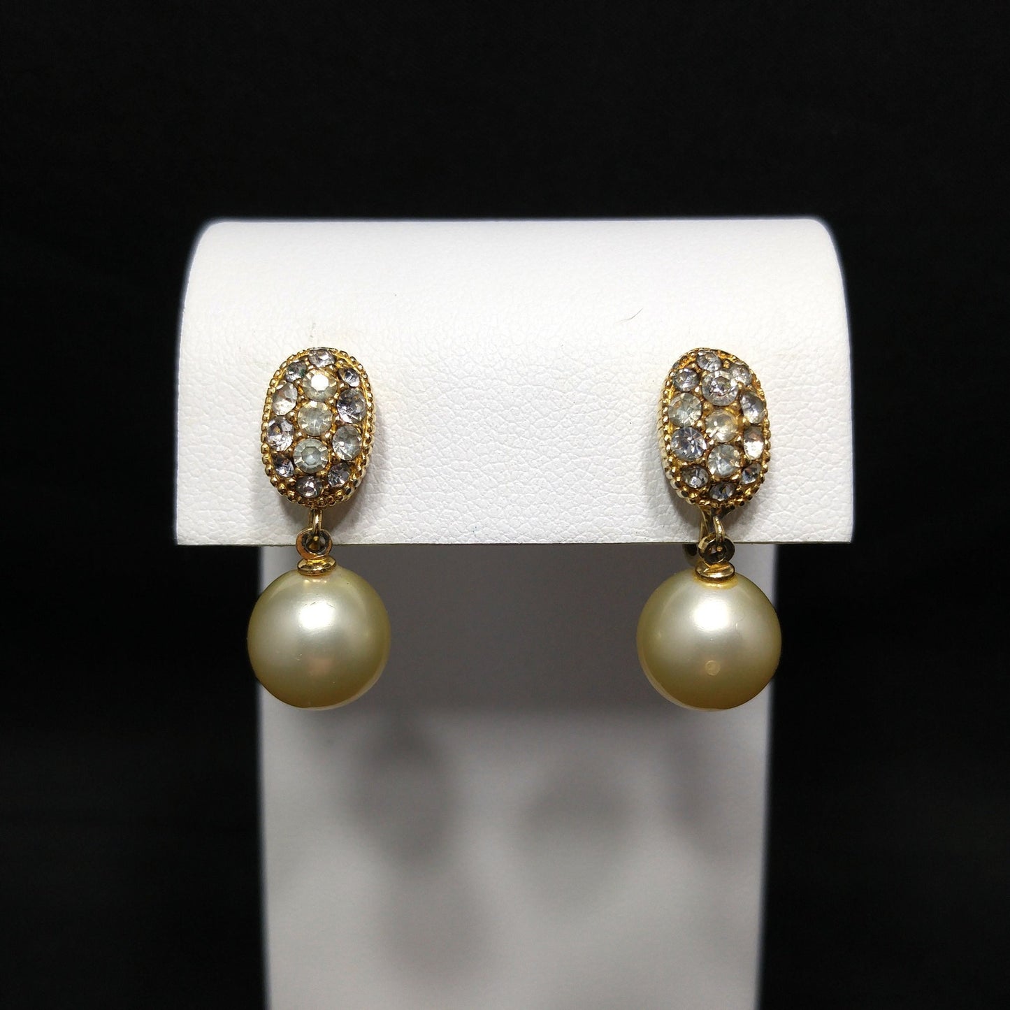 Ciner Faux Pearl Dangle Clip Earrings, Clear Rhinestones, Gold Plated, 1970s Vintage