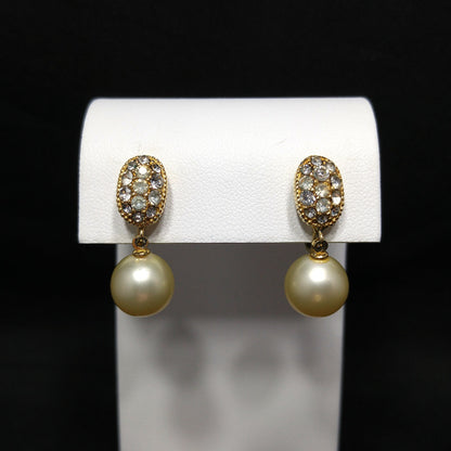 Ciner Faux Pearl Dangle Clip Earrings, Clear Rhinestones, Gold Plated, 1970s Vintage