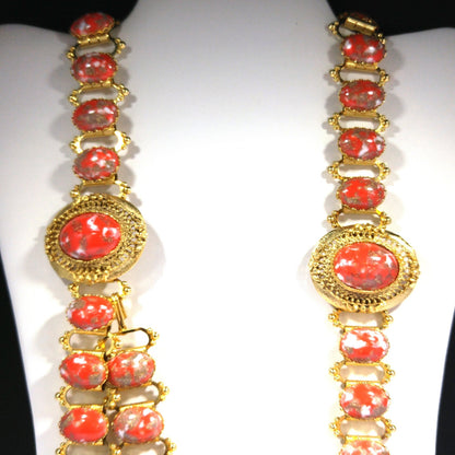 Book Chain Orange Gold Cabochon Lucite Belt or Long Necklace, Gold Robin's Egg Cabs, 36", 1960s Vintage Jewelry