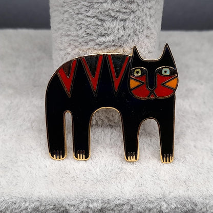 Laurel Burch Magicat Brooch, Black Red Enamel Cloisonne, Gold Plated, 1980s Vintage Jewelry