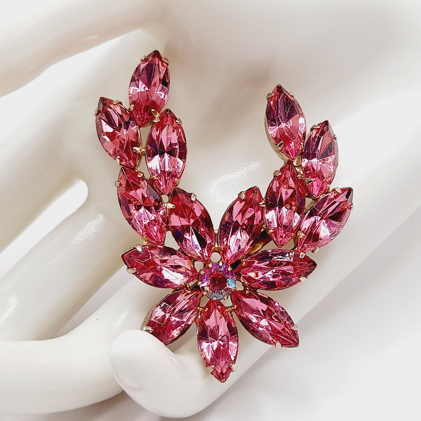 Vintage Pink Rhinestone Floral Brooch, Marquise Stones, 1950s Jewelry