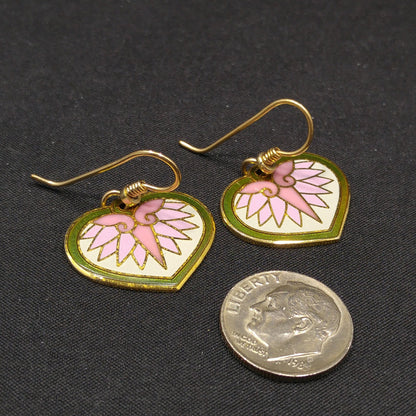 Vintage Laurel Burch Hollyhock Floral Earrings, Gold Plated, Pink Green White