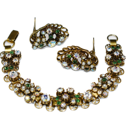 Florenza Rhinestone Bracelet & Earrings, Book Piece, Faux Pearls, 1960s Vintage Jewelry