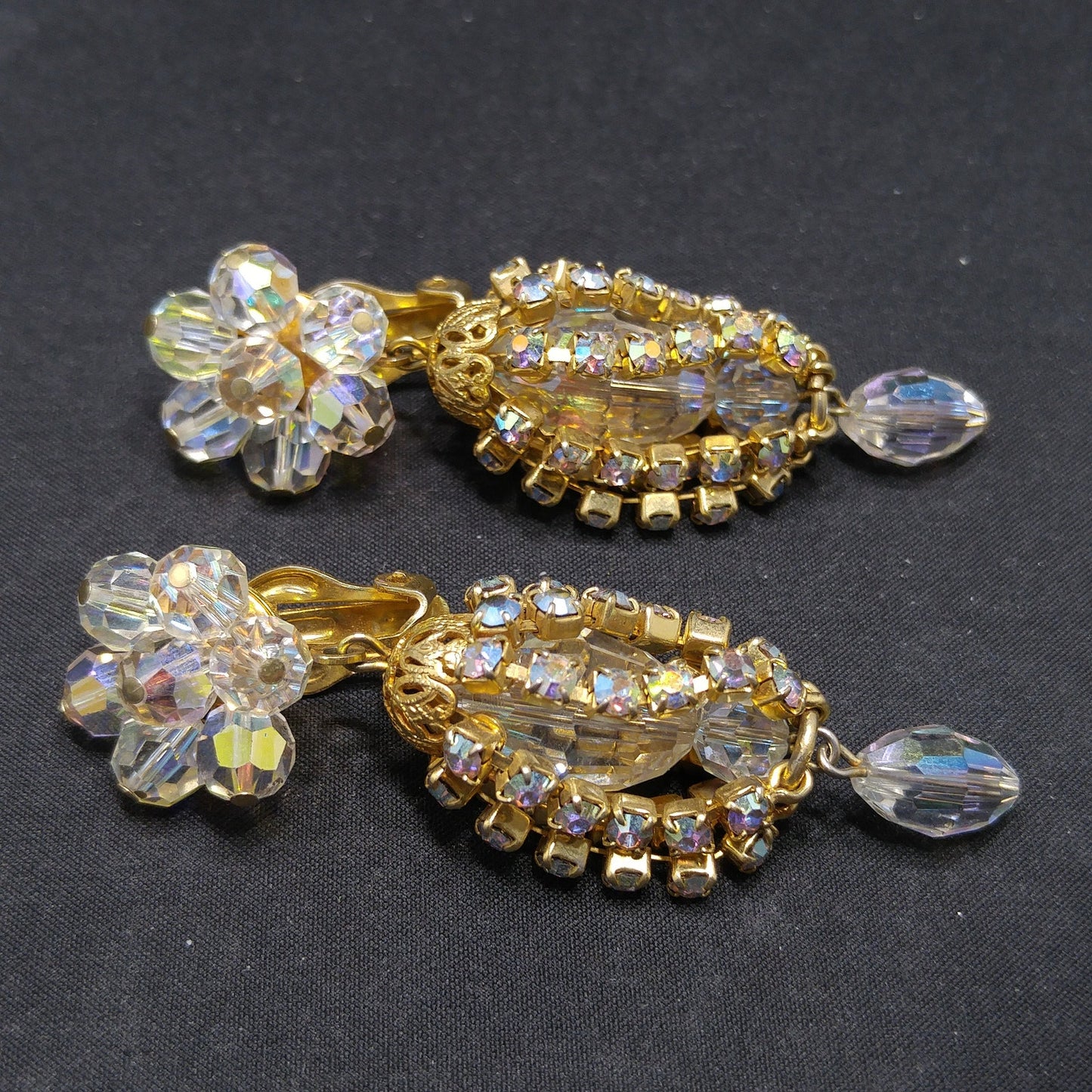 Crystal Rhinestone Dangle Clip Earrings, Aurora Borealis, 1960s Vintage Jewelry