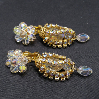 Crystal Rhinestone Dangle Clip Earrings, Aurora Borealis, 1960s Vintage Jewelry