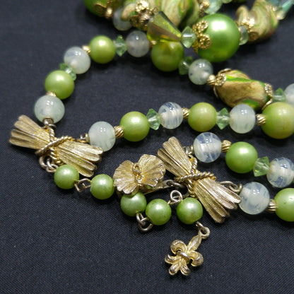 Vendome Green Beige Art Beads, Green AB Cone Crystal Beads, 1960s Vintage Jewelry