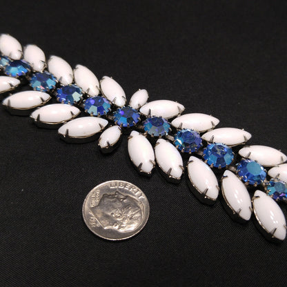 Vintage Weiss Blue AB Rhinestone Bracelet, White Milk Glass Cabochons, Rhodium Plated