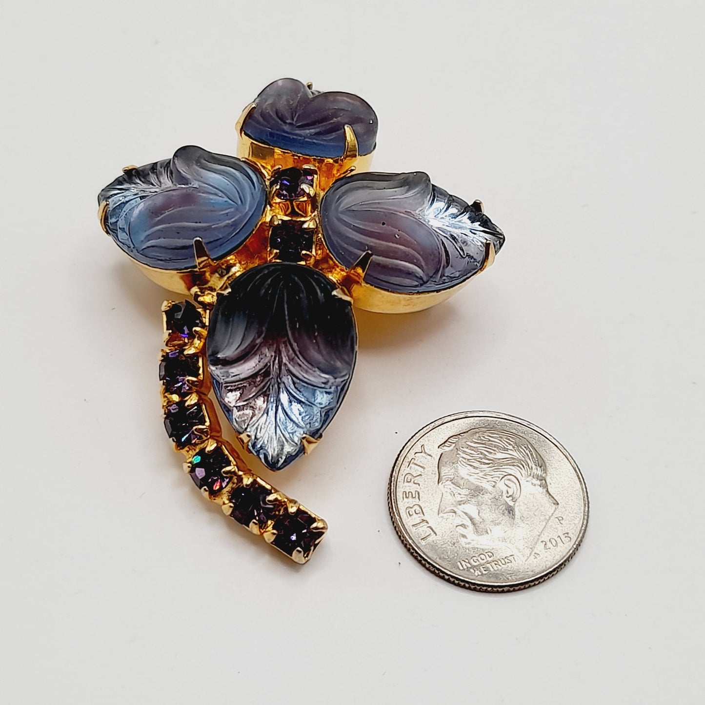 Vintage Purple Glass Leaf Brooch, Gold Plated Floral Pin, Amethyst Rhinestone Accents, 1950s Jewelry, Juliana Style Costume Brooch