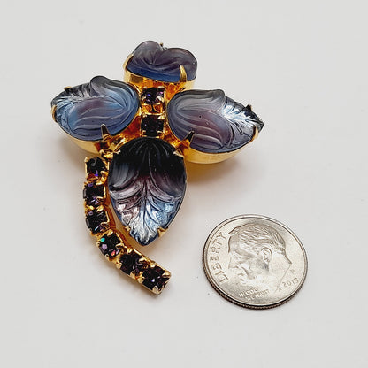 Vintage Purple Glass Leaf Brooch, Gold Plated Floral Pin, Amethyst Rhinestone Accents, 1950s Jewelry, Juliana Style Costume Brooch