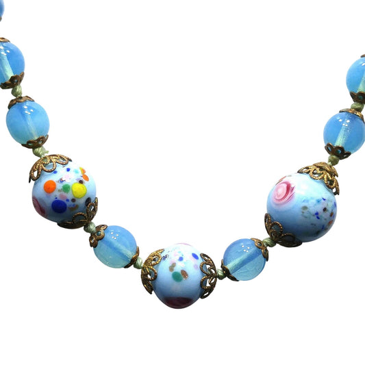 Murano Bead Hand Knotted Necklace, Three Wedding Cake Beads, 1950s Vintage Jewelry