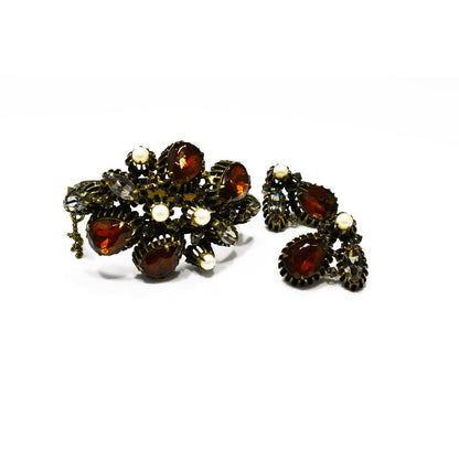 Hobe' Rhinestone Cuff Bracelet & Clip Earrings, Topaz Clear Rhinestone, Faux Pearls, 1950s