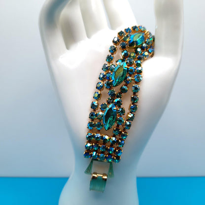 Green Blue Aurora Borealis Rhinestone Bracelet, Gold Plated, 1960s Vintage Jewelry