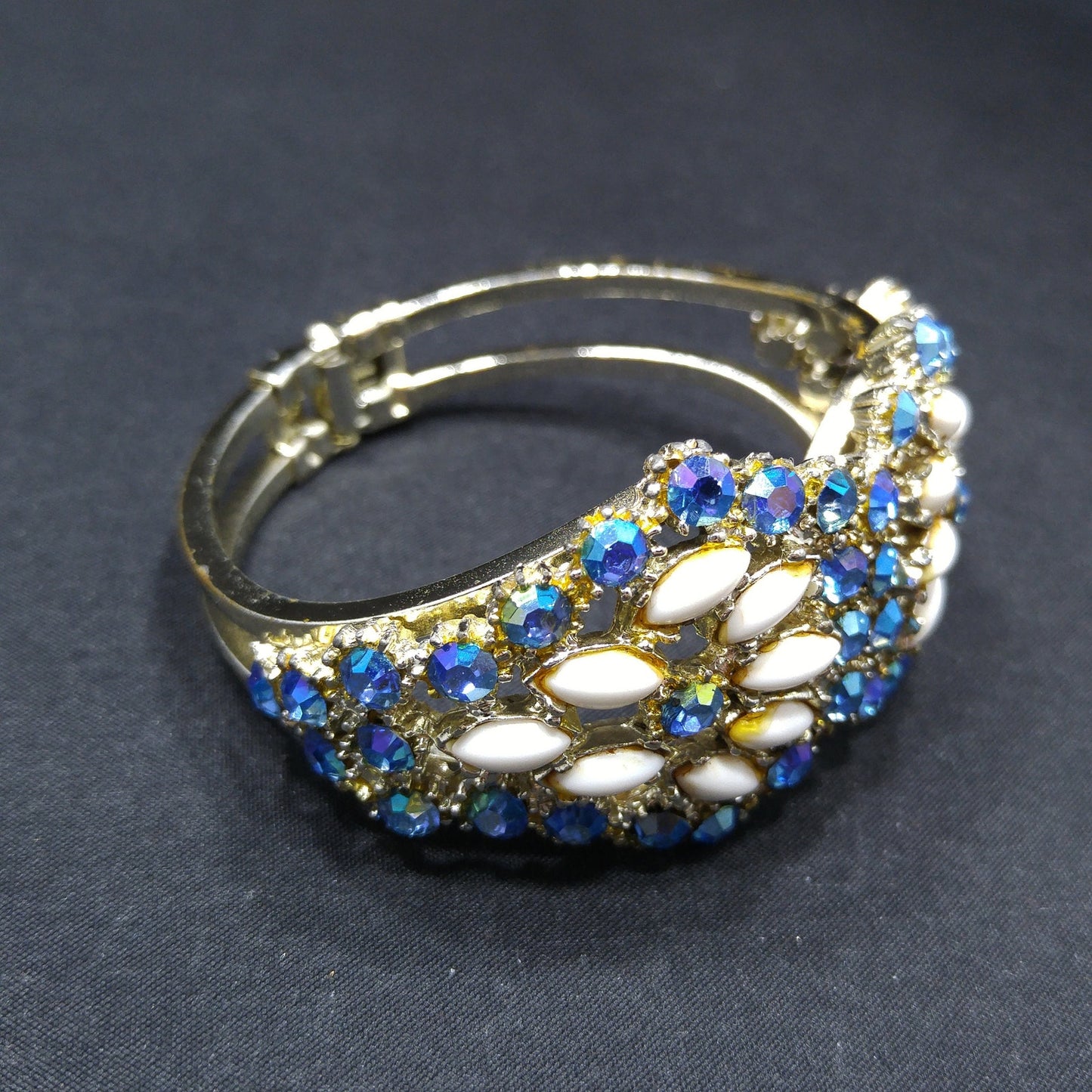 Vintage Blue Aurora Borealis Rhinestone Milk Glass Clamper Bracelet 1960s