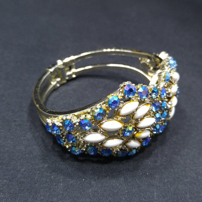Vintage Blue Aurora Borealis Rhinestone Milk Glass Clamper Bracelet 1960s