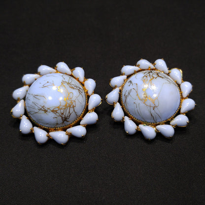 Weiss Light Blue & Gold Marbled Art Glass Earrings, Gold Plated, 1950s Vintage